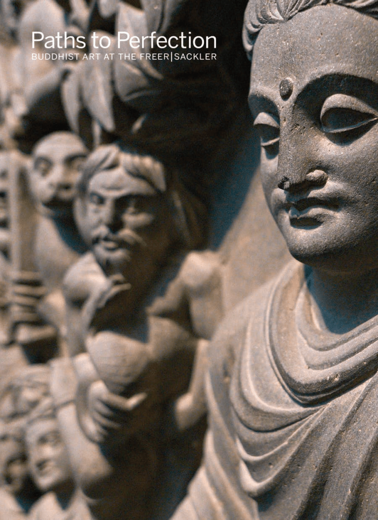 Paths to Perfection book cover. A detail of “Scenes from the Life of the Buddha,” stone relief panels that depict four major events in the Buddha’s life. This detail is a close-up of the Buddha’s stoic face from a side angle.