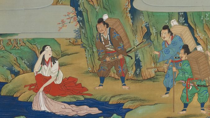 detail of The Tale of Shuten Dōji scroll showing a young noblewomen and a band of warriors near a stream.