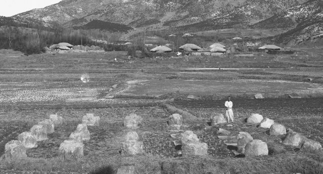 Stone pillar bases of the West Image Hall, Mireuksa temple site