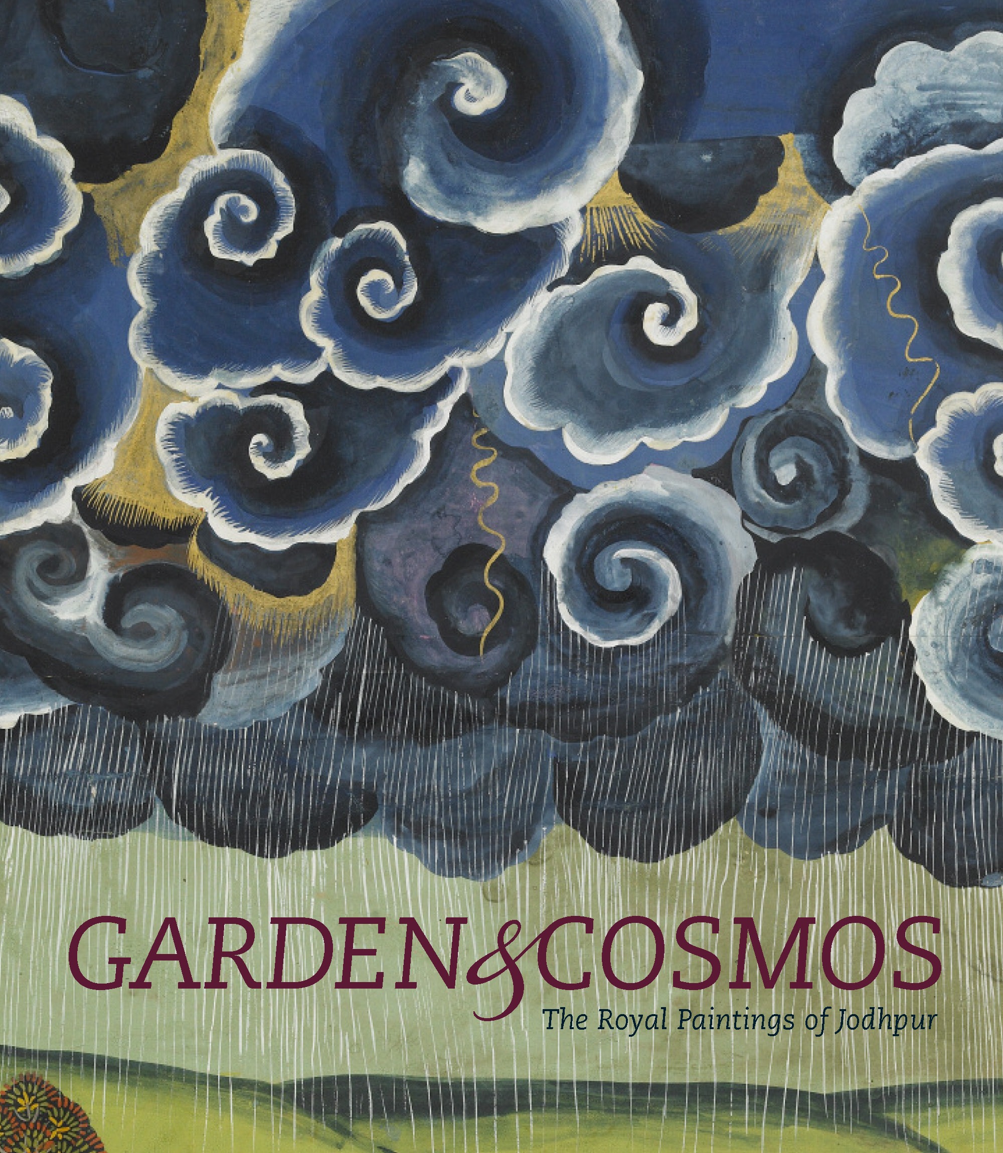 Garden and Cosmos book cover. Cover image: Dark blue, swirling clouds highlighted with gold rest above a green hilly landscape. White vertical lines of rain fall from the sky.