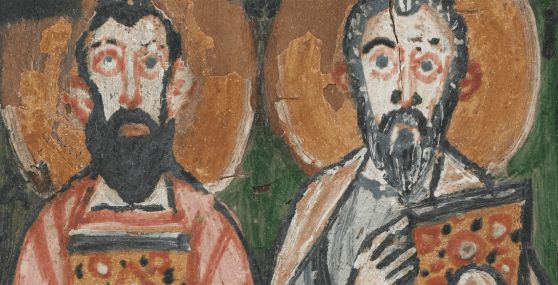 A detail of a manuscript cover depicting two bearded men holding two books with halos behind their heads.
