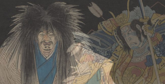 Two semi-transparent, spectral figures from Japanese prints, arranged side-by-side against a black background. The figure on the left stares at the viewer with wide eyes, an open mouth, and a large mane of hair that is standing on end. The figure on the right, his blue-and-white face scowling, wears elaborate armor and brandishes a weapon, while his right hand is outstretched.