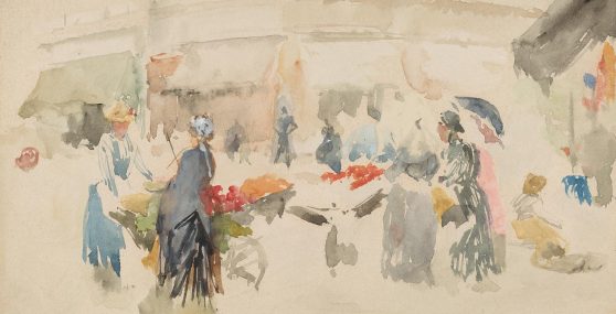 A colorful, softly painted watercolor scene of figures walking and pushing carts of flowers before a row of shopfronts.