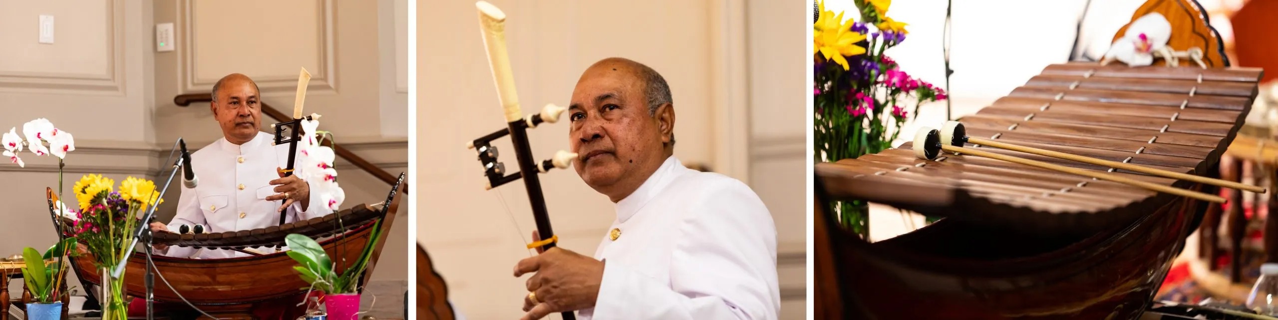 Shots of a man playing a Khmer fiddle, as well as a treble xylophone next to flowers