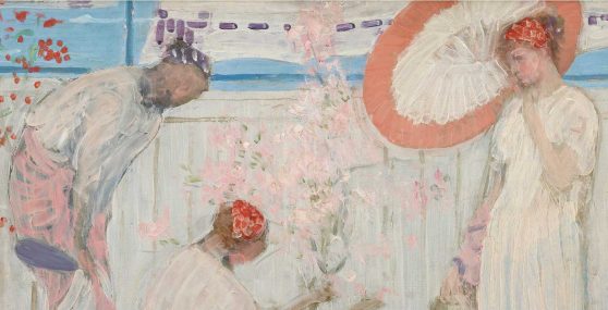 Painting of three figures in long dresses viewing pink flowers in a pot.