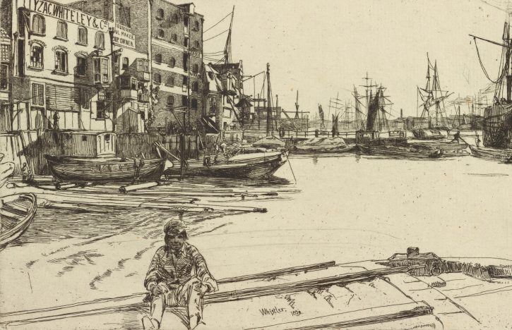 Etching print in a sketchy style depicting a wharf with a boy sitting in a boat in the foreground.