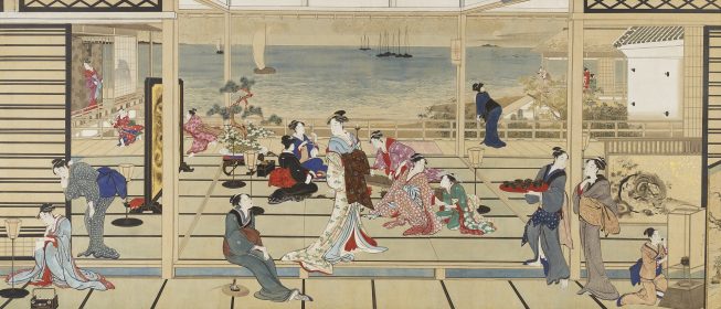 Painting depicting woman in robes inside a building with a waterfront view.