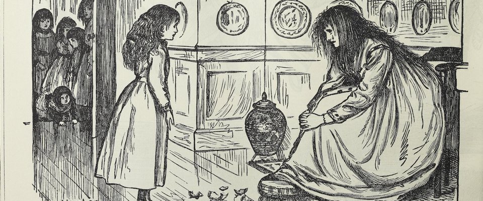 A haggard woman weeping over a shattered vase in front of her remorseful daughter as five other children crowd in the doorway.