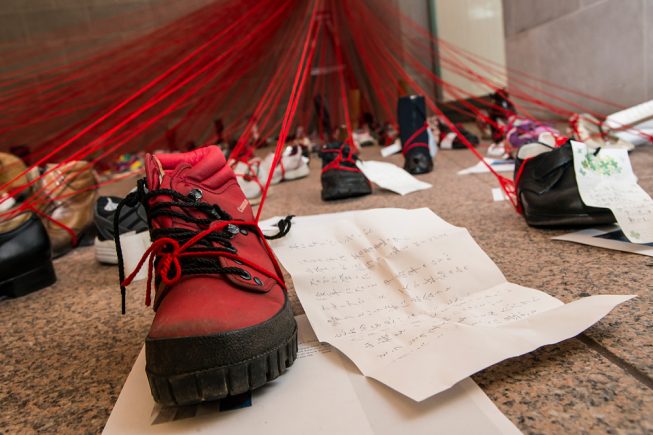 Red shoe with note