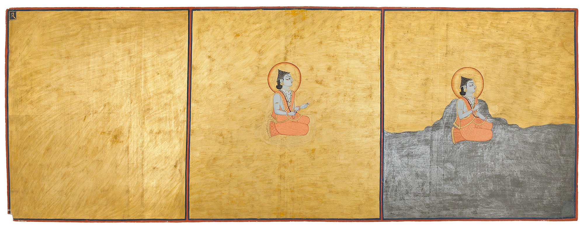 watercolor with 3 gold sections, 2 sections have a yogi kneeling, the last section is of a yogi kneeling in front of a mountain