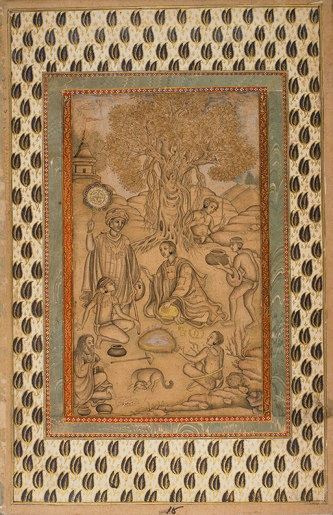 a drawing of a group of Yogis resting around a fire