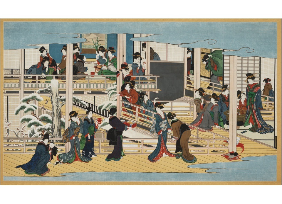 Painting depicting women in robes inside an open building with snowy trees outside.