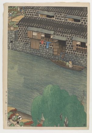 print of a house, people and a boat on an embankment