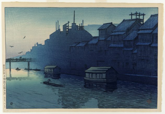 print of a scene of boats and house boats on an embankment lined with buildings