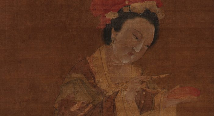 Painting of a courtly Chinese woman holding a writing brush.