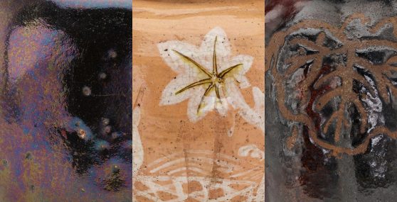 Three side-by-side close-ups of decorated ceramic vessels. The left-most detail shows a purplish iridescent glaze. The middle detail shows a yellow and white leaf against a pale pink glaze. The right-most detail shows a design of a leaf set against a dark reddish brown glaze.