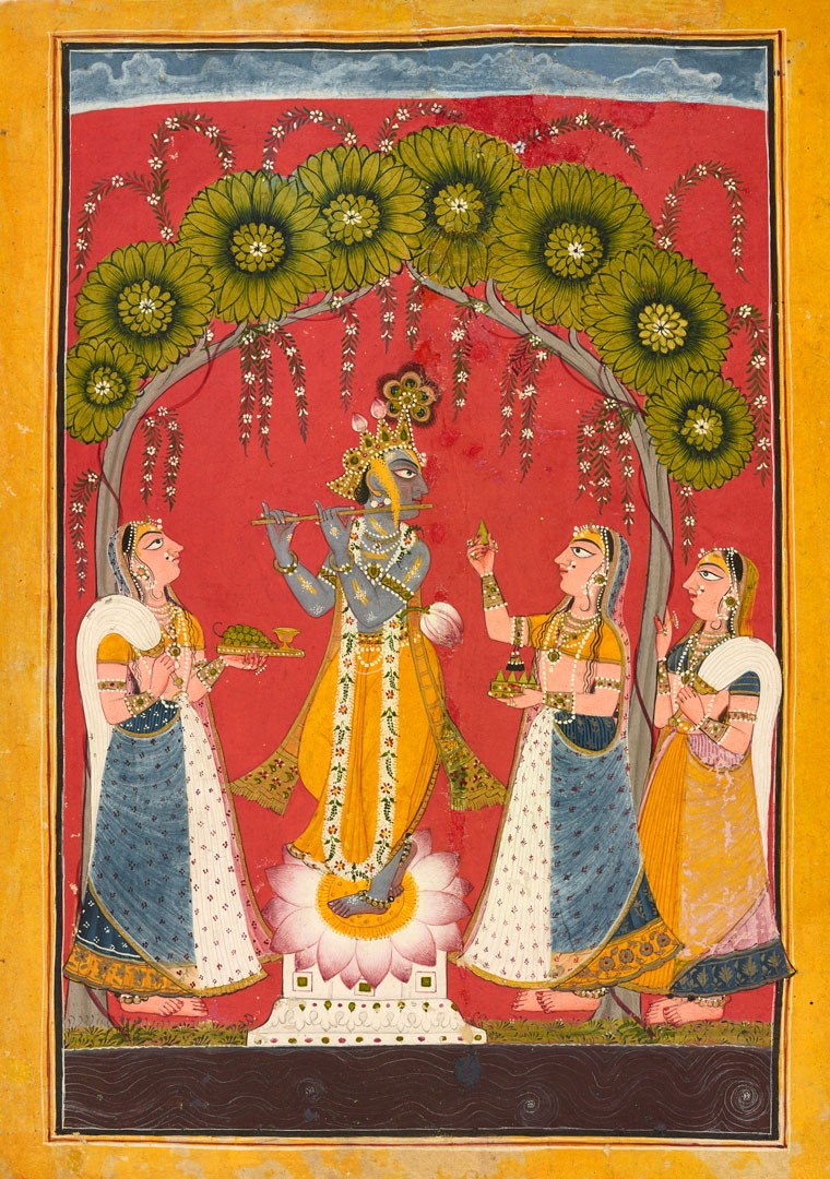 A blue central figure plays a flute, flanked on either side by adoring onlookers.