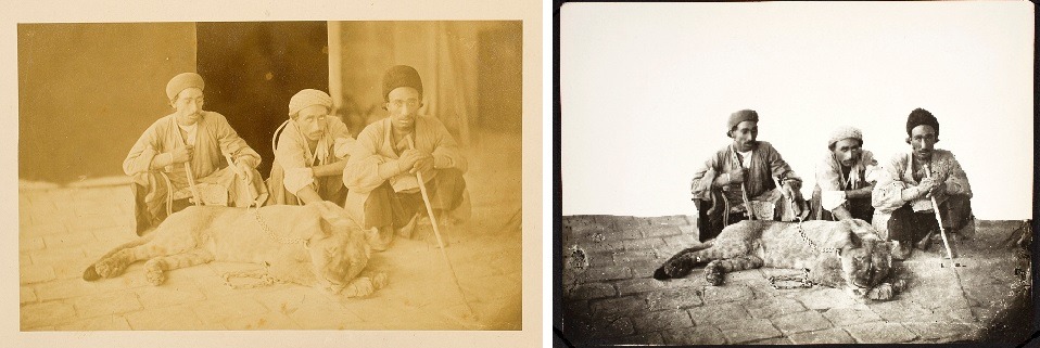 A side-by-side comparison of a photo of three men with a sleeping, pet leopard. The first is in sepia tone. The second one is in high-contrast grayscale with the background physically cut out.