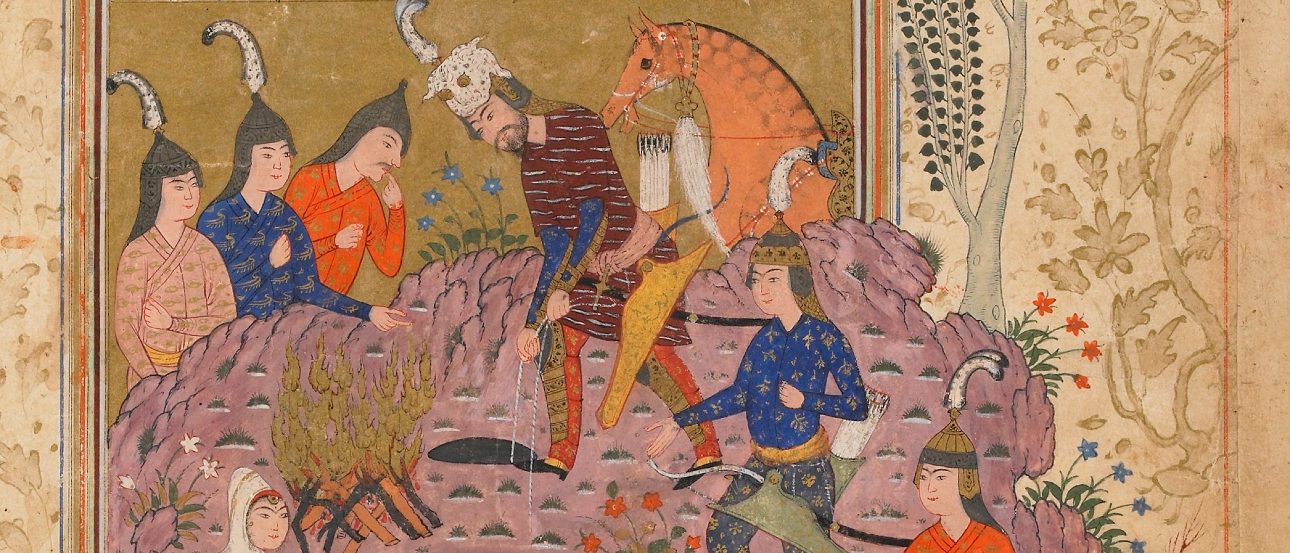 Detail of a folio depicting a man pulling a rope while surrounded by people and a horse.