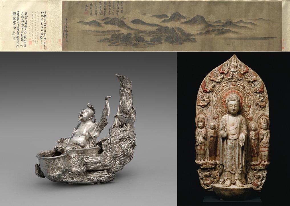 A landscape painting scroll, an ornate silver cup, and a statue of a bodhissatva