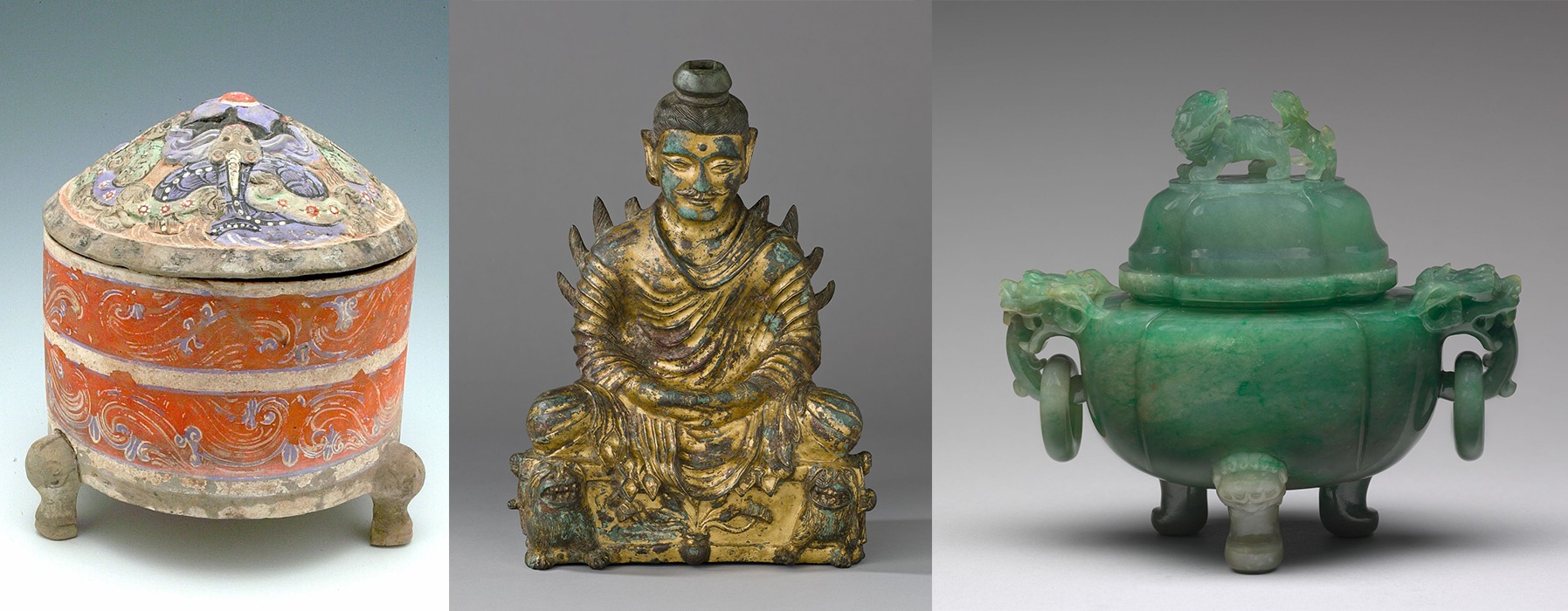 A colorful tripod vessel, a gilded Buddha sculpture, and a jade tripod censer