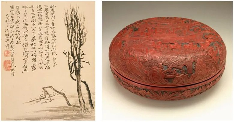 Left: An ink painting with calligraphy. Right: a carved lacquer box