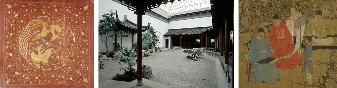 Left: silk embroideryCenter: courtyard Right: ink painting