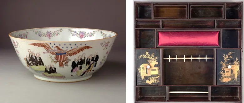 Left: painted bowl depicting USA coat of arms and American founding fathers; Right: sewing table with wooden cabinets