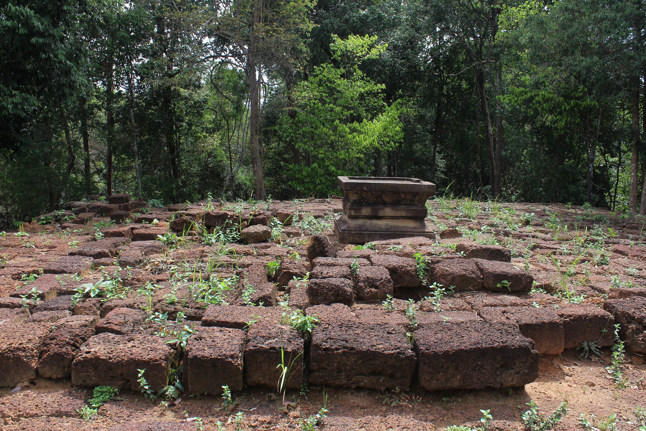 Sandstone linga pedestal on laterite platform, in the forest