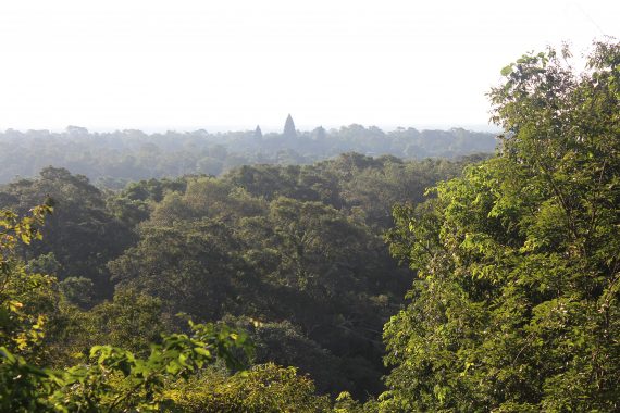 Angkor Wat's iconic towers seen from hilltop