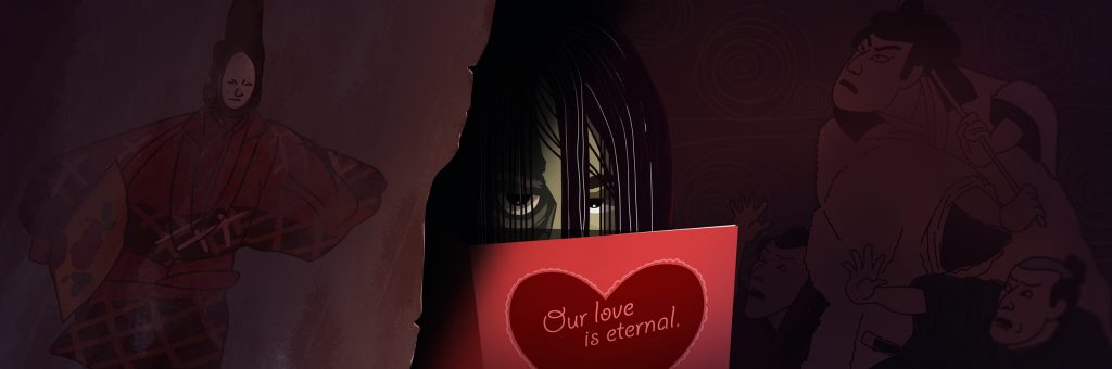 Animated image of a spectral woman with black hair emerging from the shadows, behind a red valentine that reads 