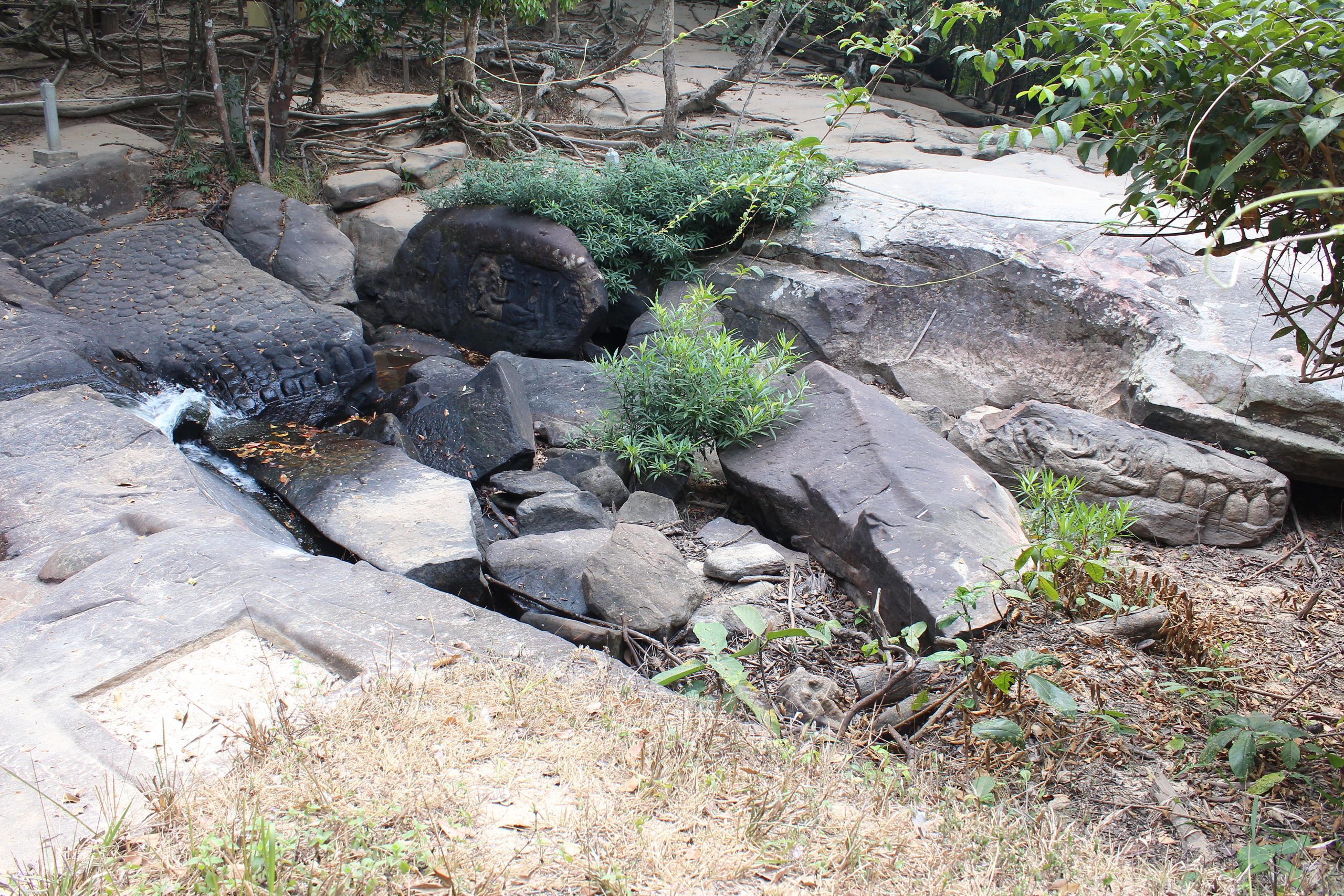 Quarry area in jungle with two carvings of Vishnu reclining and lingas