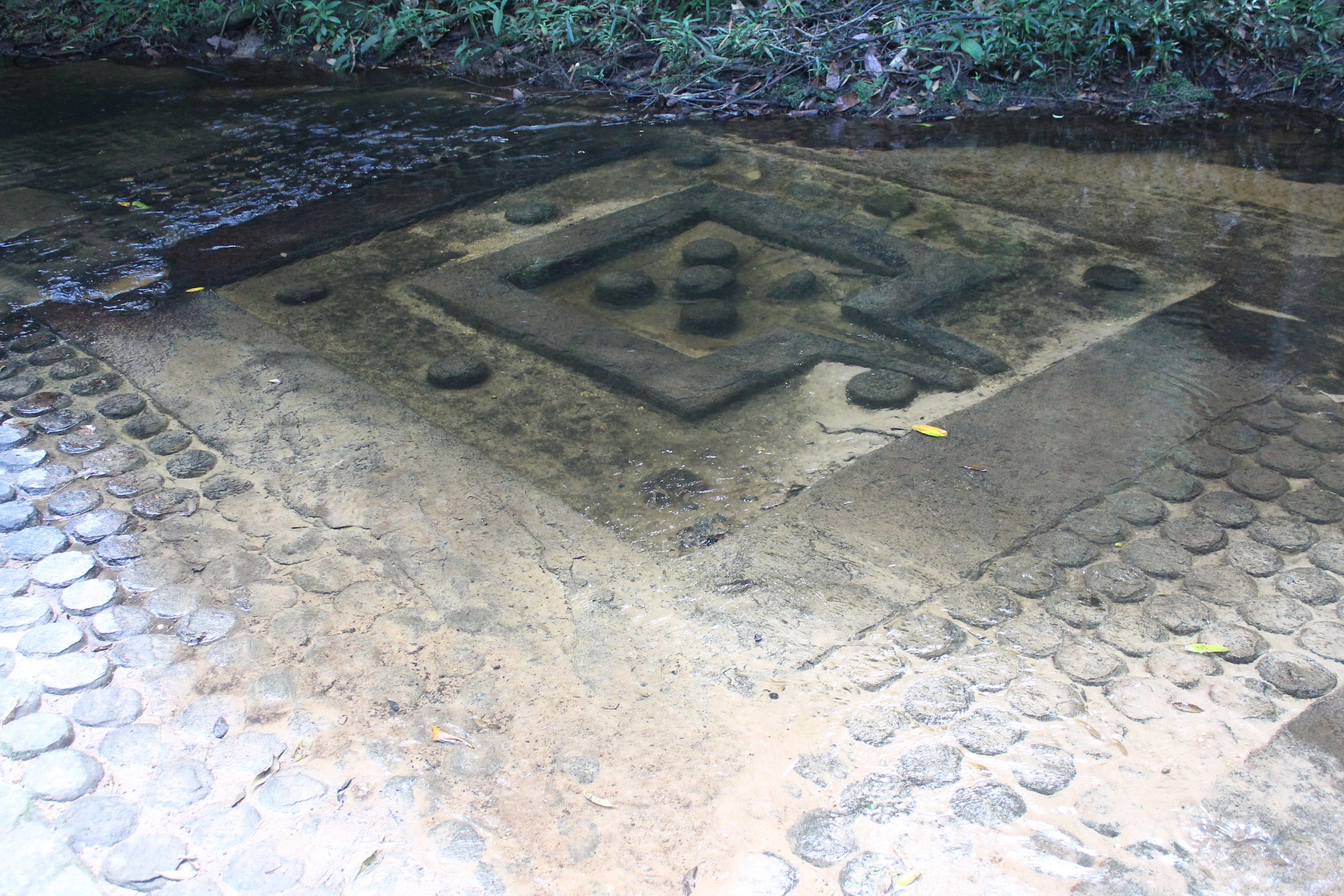 Square yoni and multiple lingas carved into a riverbed, with water streaming over