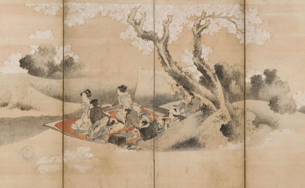 Painted screen depicting people beneath a blossoming cherry tree.