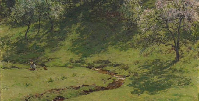 A painted landscape with a creek winding through the lush, grassy hillside. A figure holding a fishing rod and a small dog are on the bank, and across the creek, trees blooming in soft pastels cast shadows on the grass.