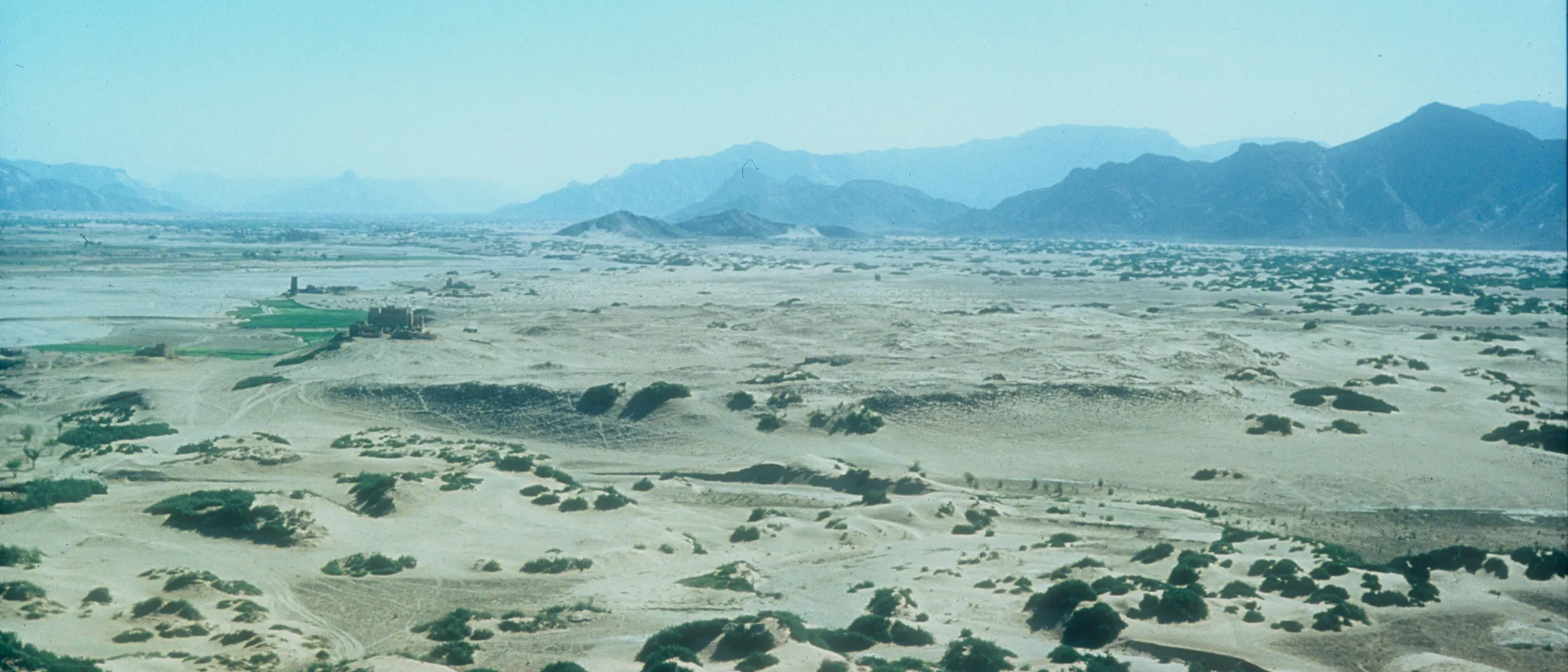landscape with mountains in the distance and sandy rolling ground dotted with greenery in the foreground
