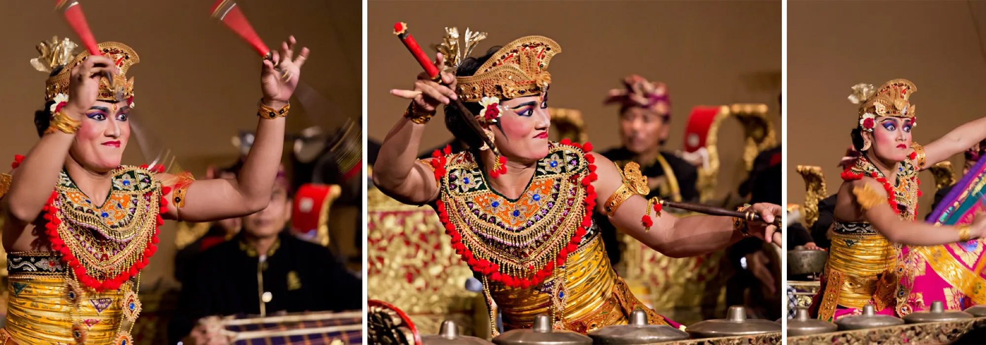 Performer in bright costume whirling gamelan mallets