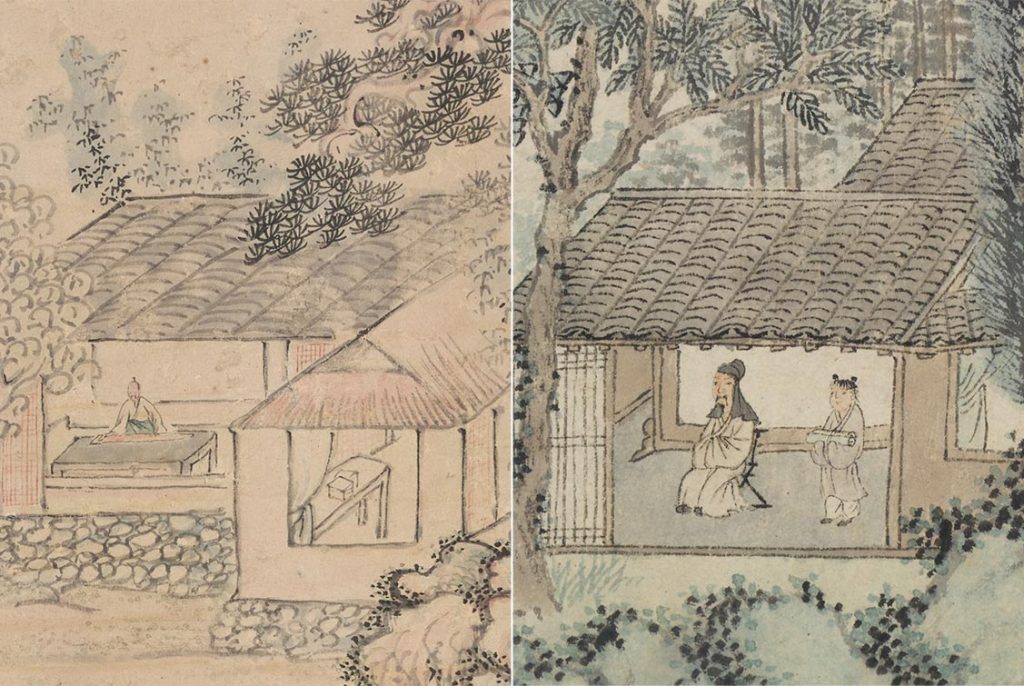 two side by side details from a japanese and a chinese handscroll, both showing scholars within small buildings in the woods