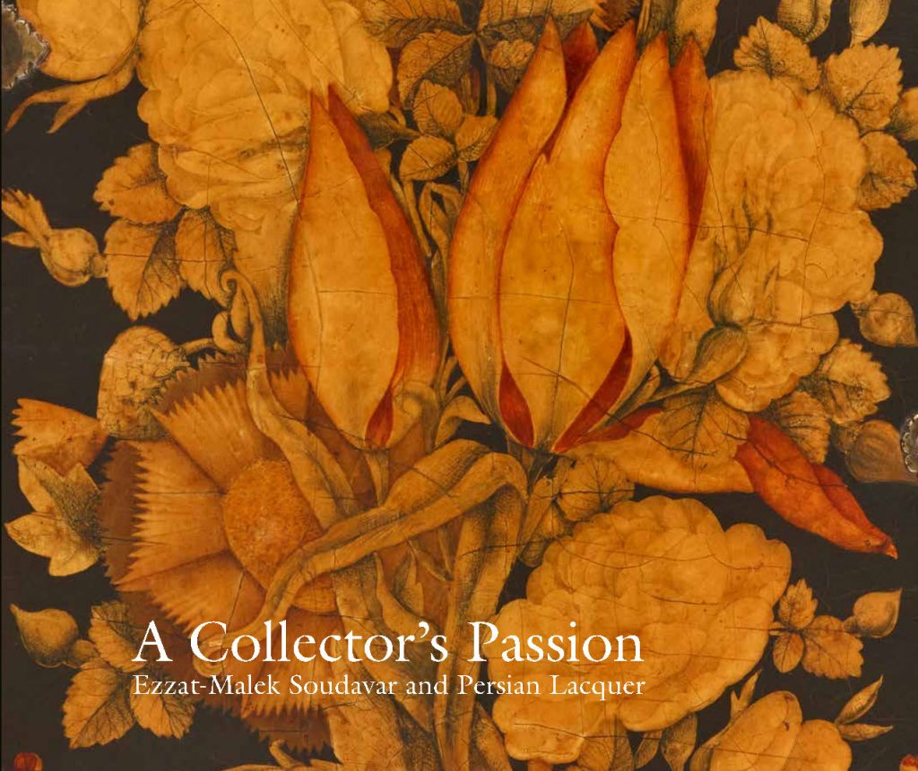 A Collector’s Passion book cover. A detail of a lacquer floral pattern. The flowers are painted in warm hues of yellow and orange against a dark gray background. Fine cracks in the lacquer spread across the surface of the flowers.