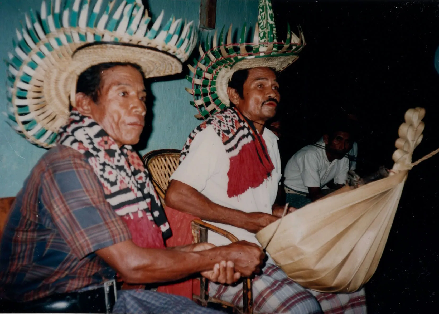Two men in large palm-fringed hats playing sasandu.