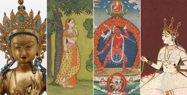 four goddesses portrayed in detail views of four artworks: a golden, crowned sculpture, a painted, romantic figure, a painted fearsome goddess, and a painting of a serene, pale-clad goddess.