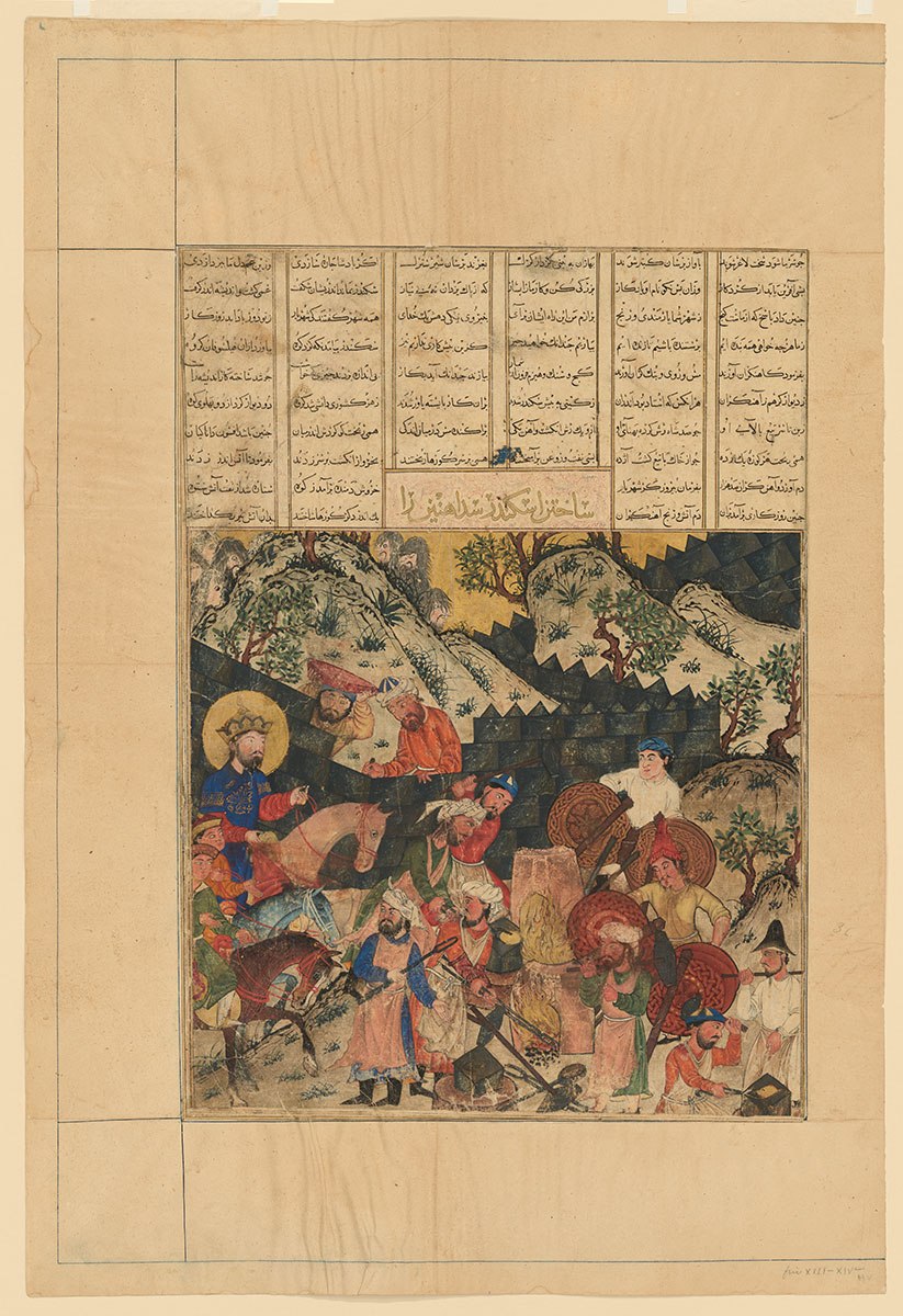 a crowned and haloed figure rides in to face shielded warriors on this illustrated manuscript page