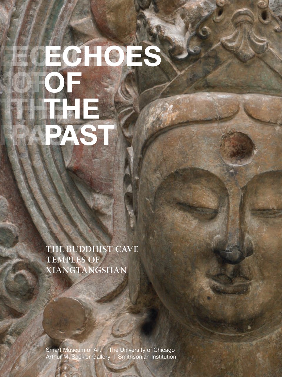 Echoes of the Past book cover. A relief carving of the face of a buddha in brown stone.