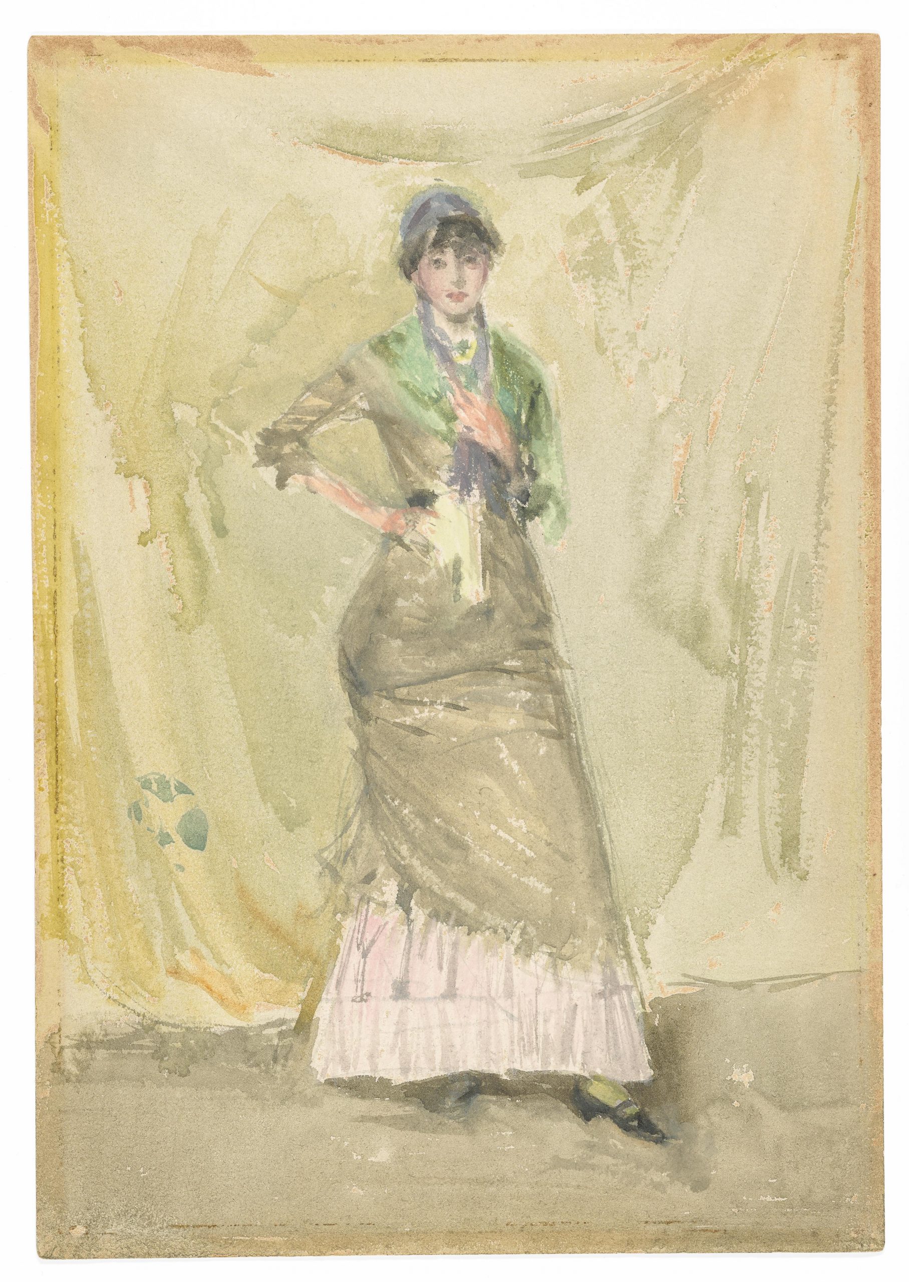 Standing figure of a woman, with one arm akimbo, posed before a yellow curtain.