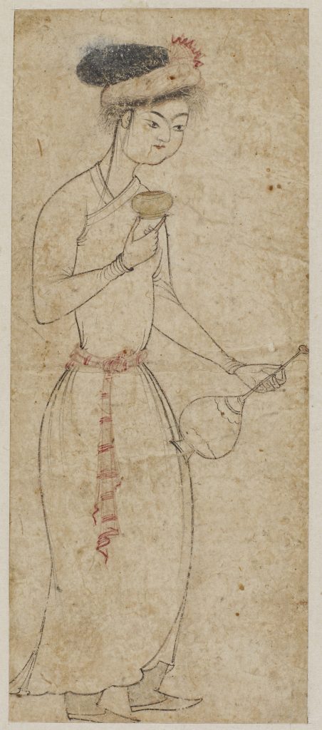 a figure standing holding a cup and a flask