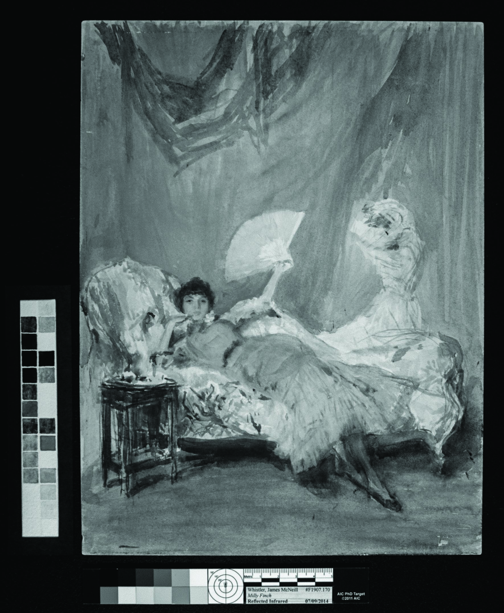 Reflected infrared imaging, with a black boarder, of young woman reclining on a sofa, her left arm raised, holding an open fan, with a second figure behind the sofa at the right.