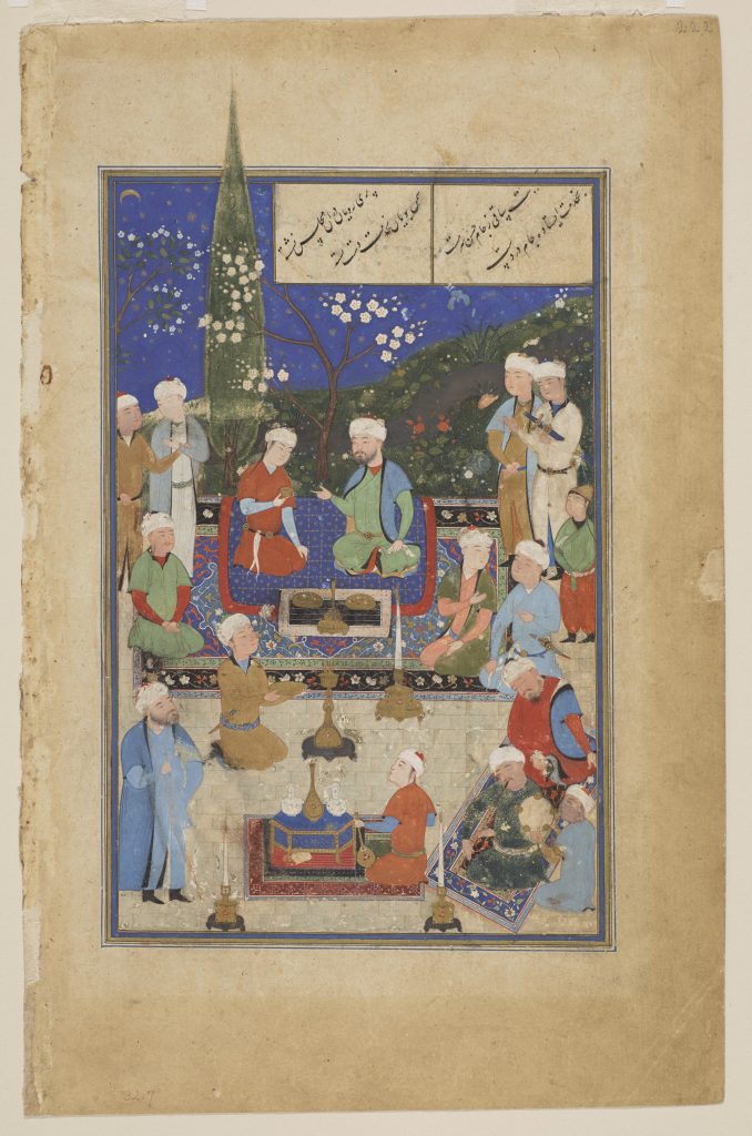 two men, Mihr, and Kayvan the King of Khwarazm feasting