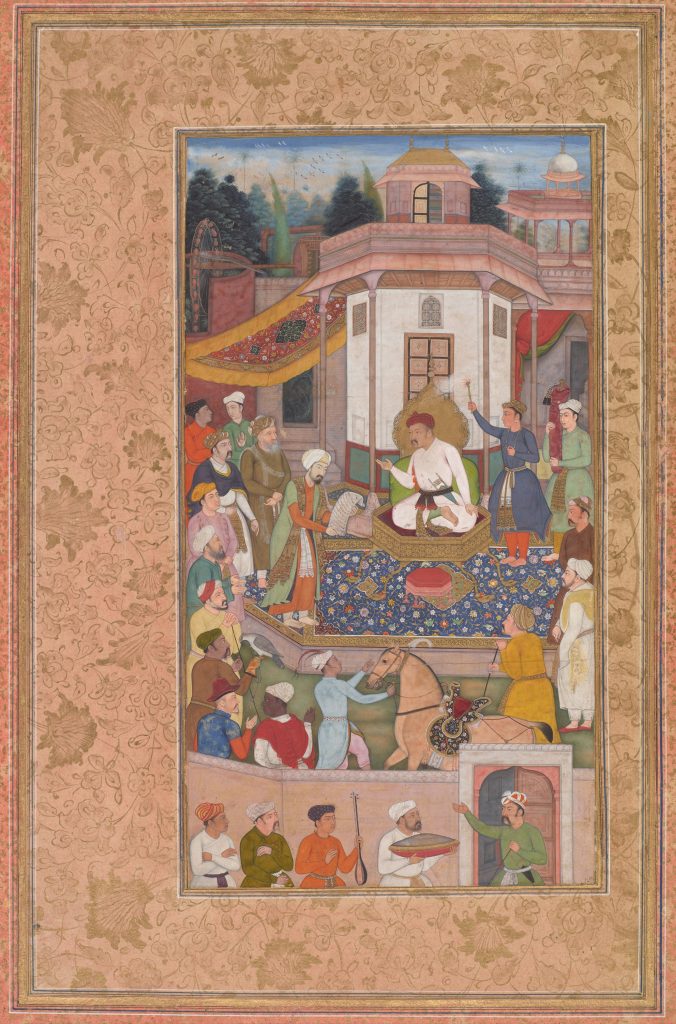 watercolor of Akbar enthroned at the center of a bustling court, listening to a report of a victorious battle, a messenger bears on a written scroll.