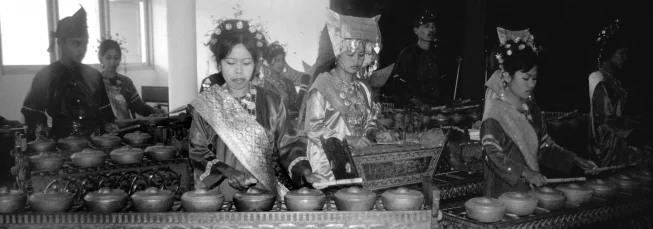 Black and white photo of talempong ensemble