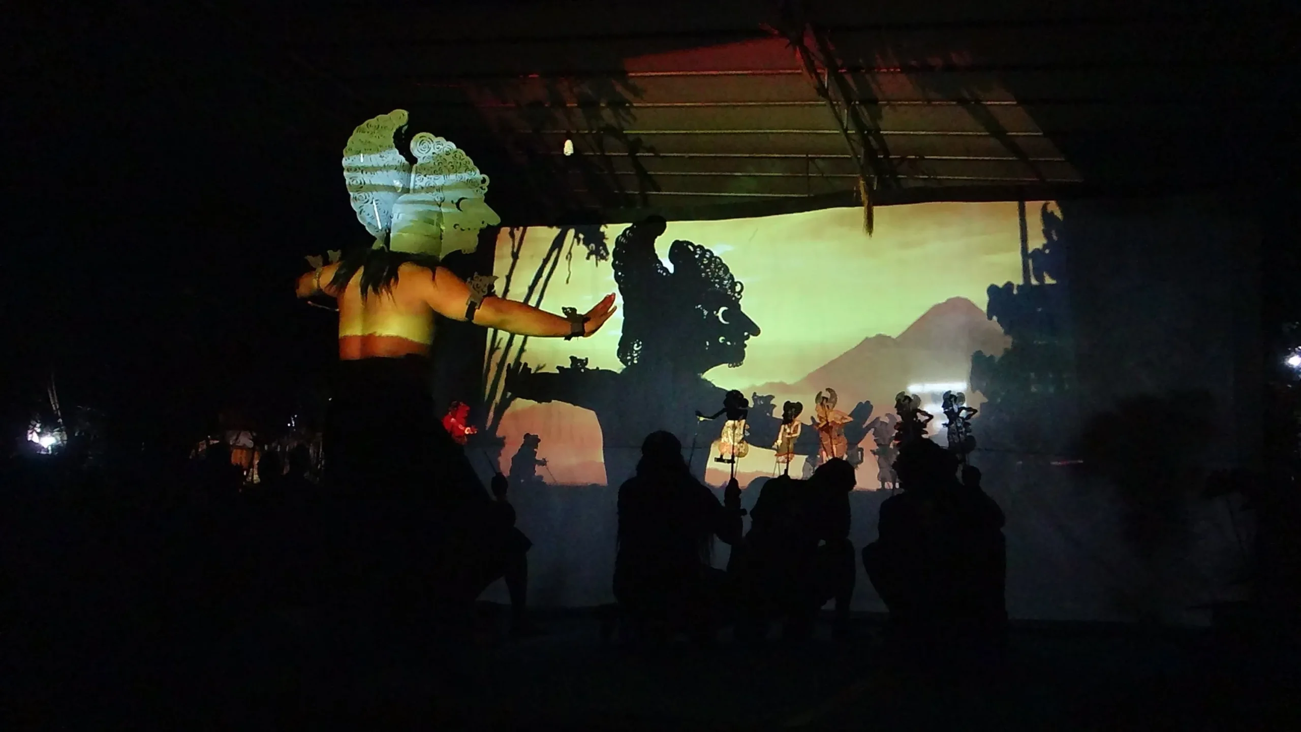 Bima dancer and puppets cast silhouettes onto a screen.